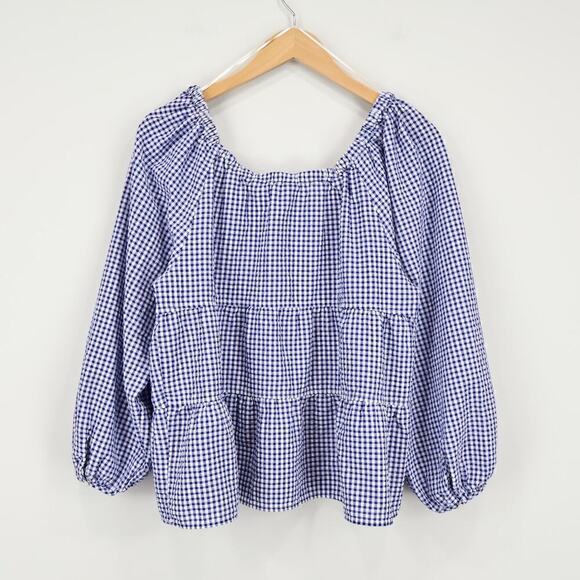 Old Navy Gingham Plaid Tiered Babydoll Cottagecore Long Sleeve Blouse Sz Large - Picture 5 of 7